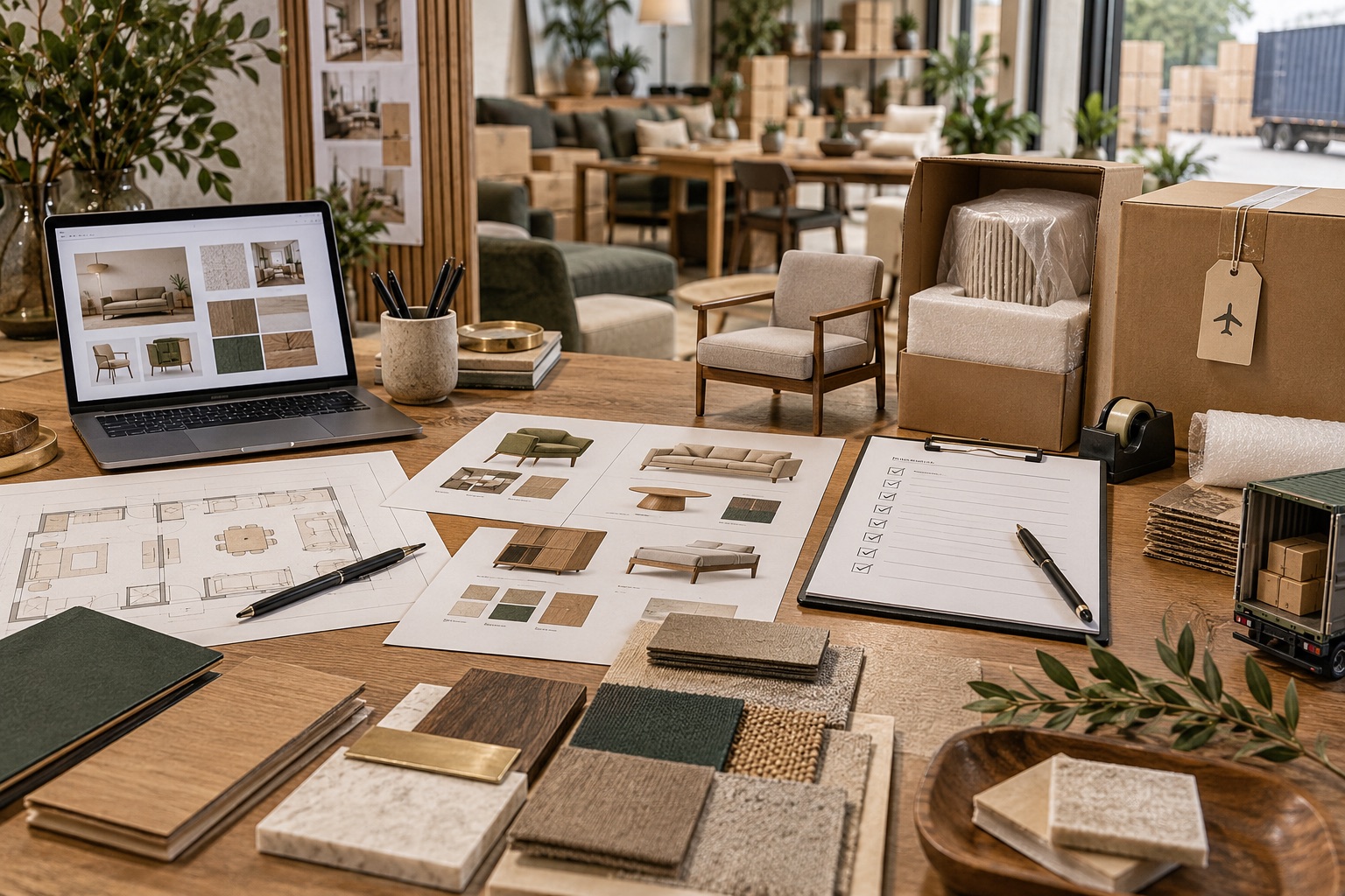 Furniture sourcing workflow with floor plan, product selections, inspection checklist and packed goods