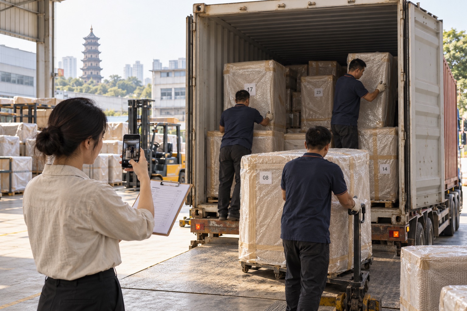 Warehouse team loading labelled furniture packages into a container with photo records