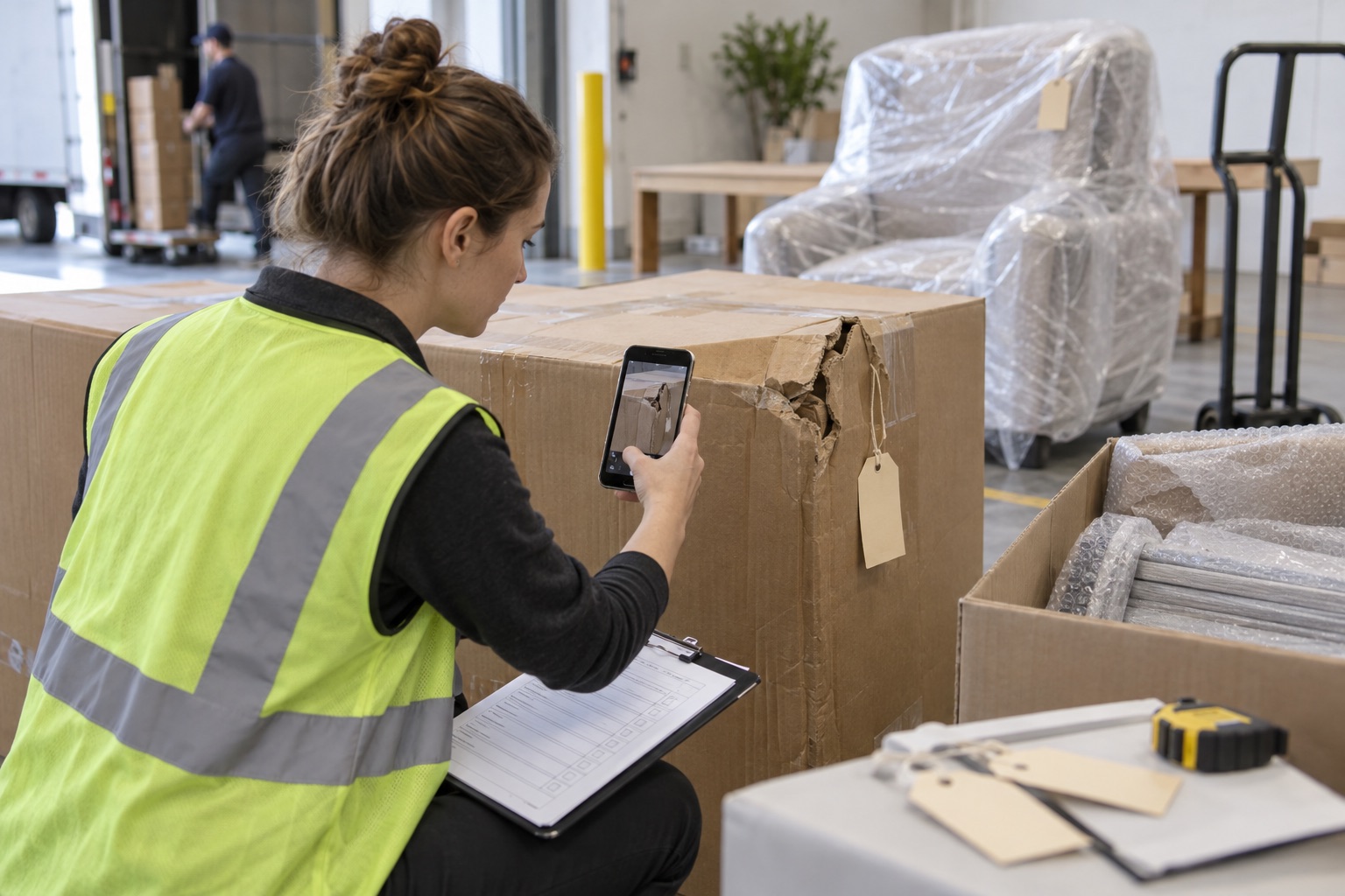 Receiver documenting damaged furniture packaging with labels and photographs