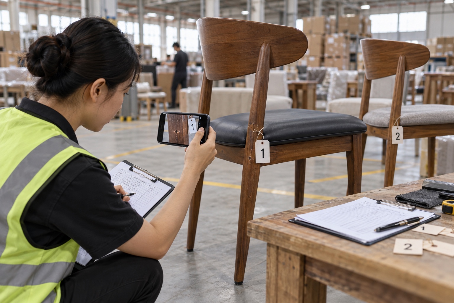 Quality inspector recording defect photos and corrective status against numbered furniture items