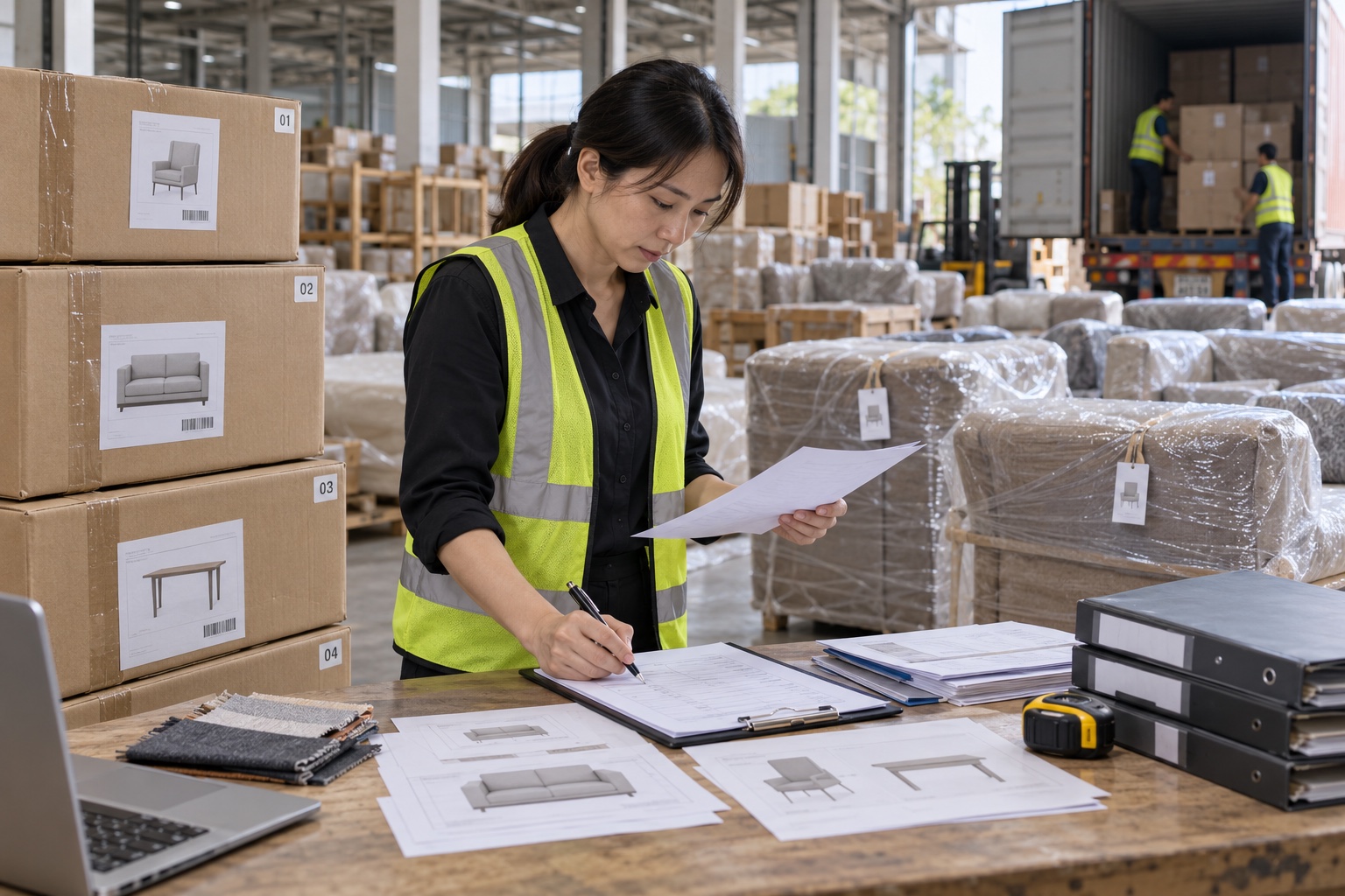 Sourcing manager checking packing lists, product IDs and shipping records in a furniture warehouse
