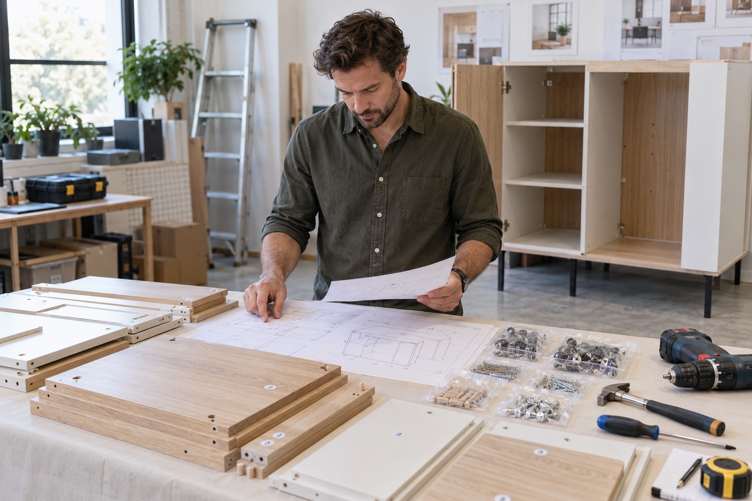 Project team checking furniture installation drawings, numbered parts and hardware packs