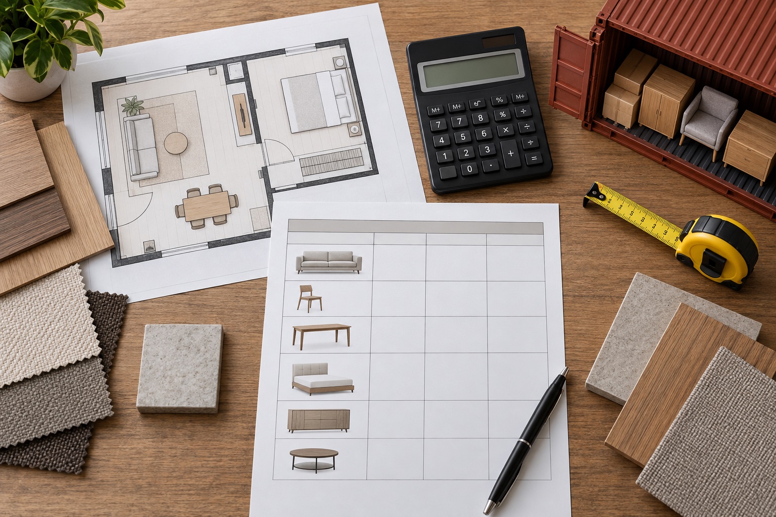 Furniture plan, calculator, material samples and container model arranged for cost planning