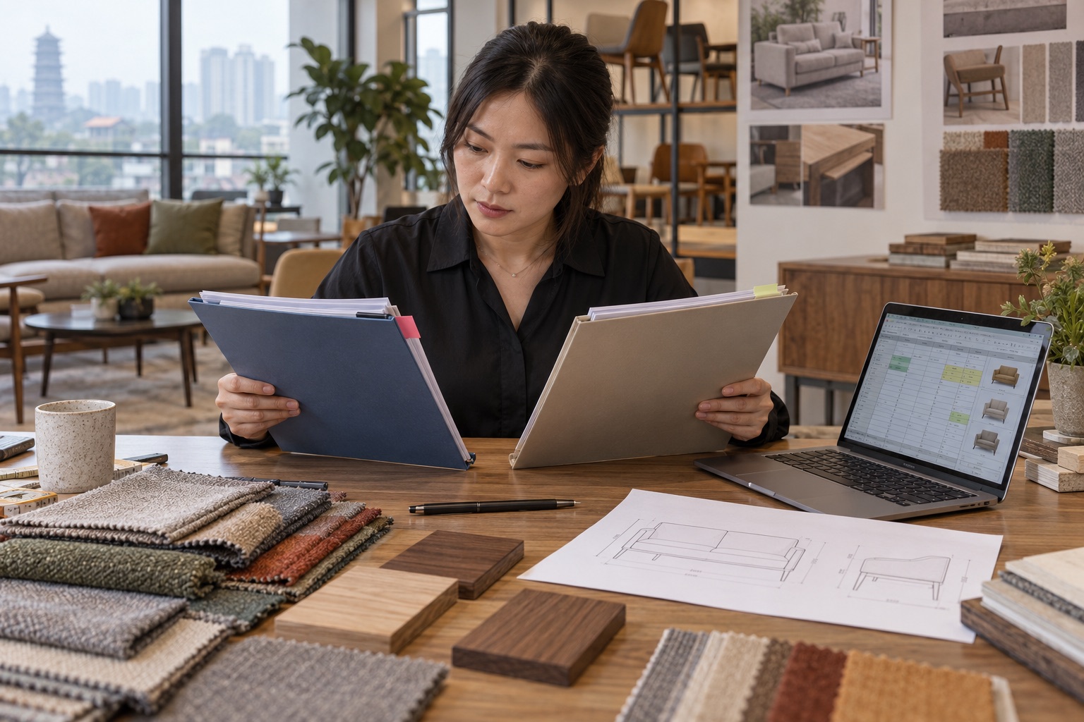 Sourcing manager reviewing furniture order versions beside material samples
