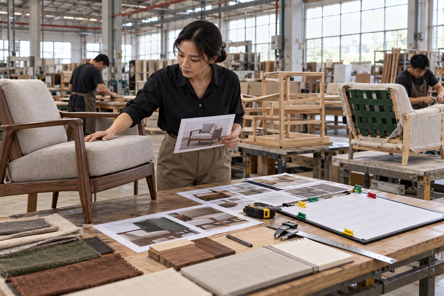 Project manager reviewing a furniture order dashboard with product photos, milestones and risk flags