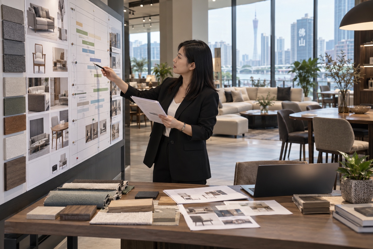 Sourcing manager reviewing furniture samples and production milestones on a project timeline