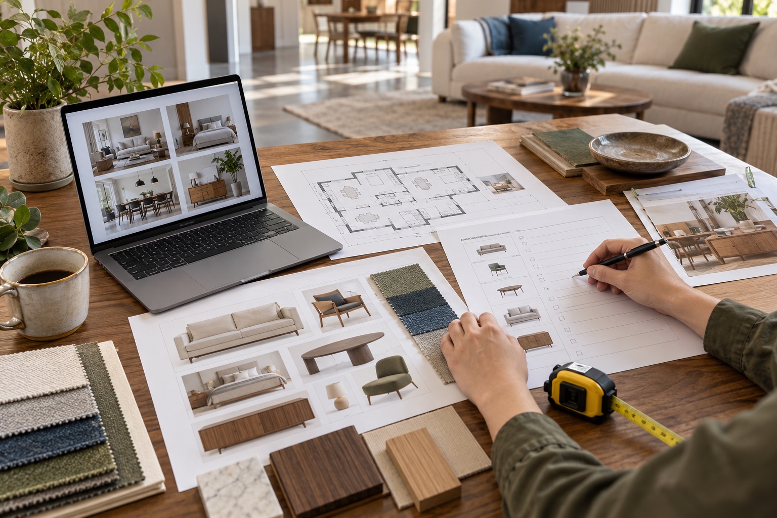Buyer organizing floor plans, furniture references, material samples and a project checklist